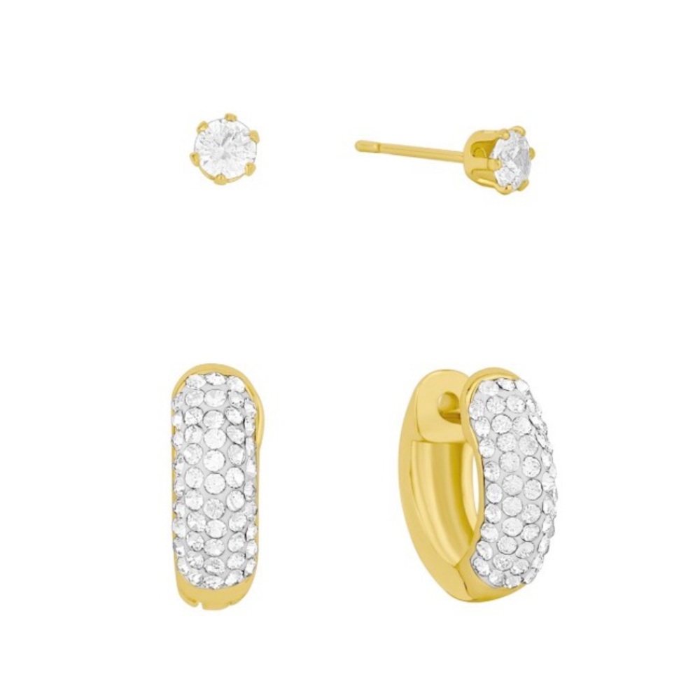 NWT And Now This Clear Crystal Hoop and Stud Duo Earrings Set - Gold